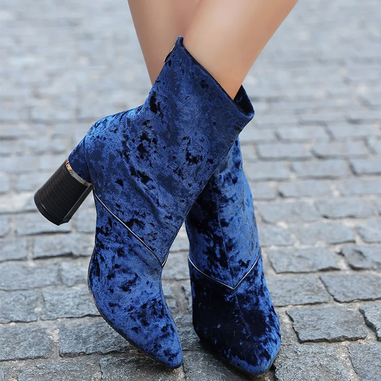 

Mid-Calf Pointed Toe Fashion Flock Chelsea Boots Women Super High Square Heel Zip Martin Boots Sewing Solid Winter Ladies Shoes