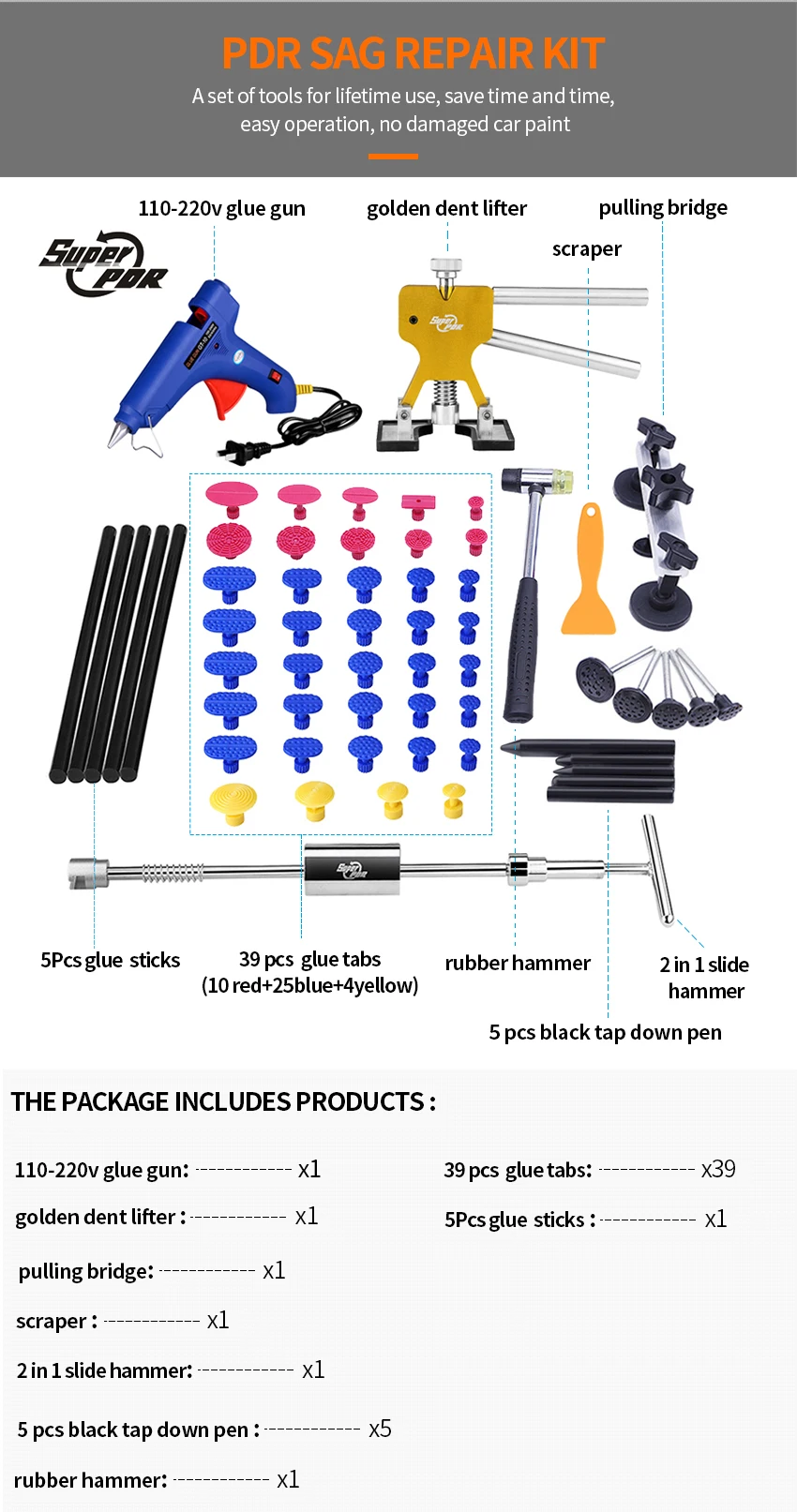PDR Tools Car Paintless Dent Removal Tools High Quality Stainless Slide hammer Dent Puller Pulling Bridge glue gun hand tool kit