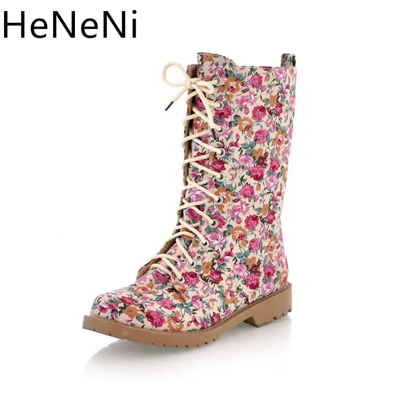 

Fashion new brand design printing Woman Lace-up Martin boots Shoes Female Mid-Calf boots botas mujer Flat boots zapatos de mujer