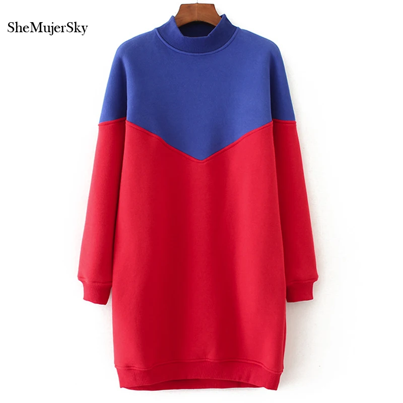 

SheMujerSky Long Hoodie Dress O Neck Blue Spliced Red Sweatshirt Hoodies Women Warm mulheres moletom