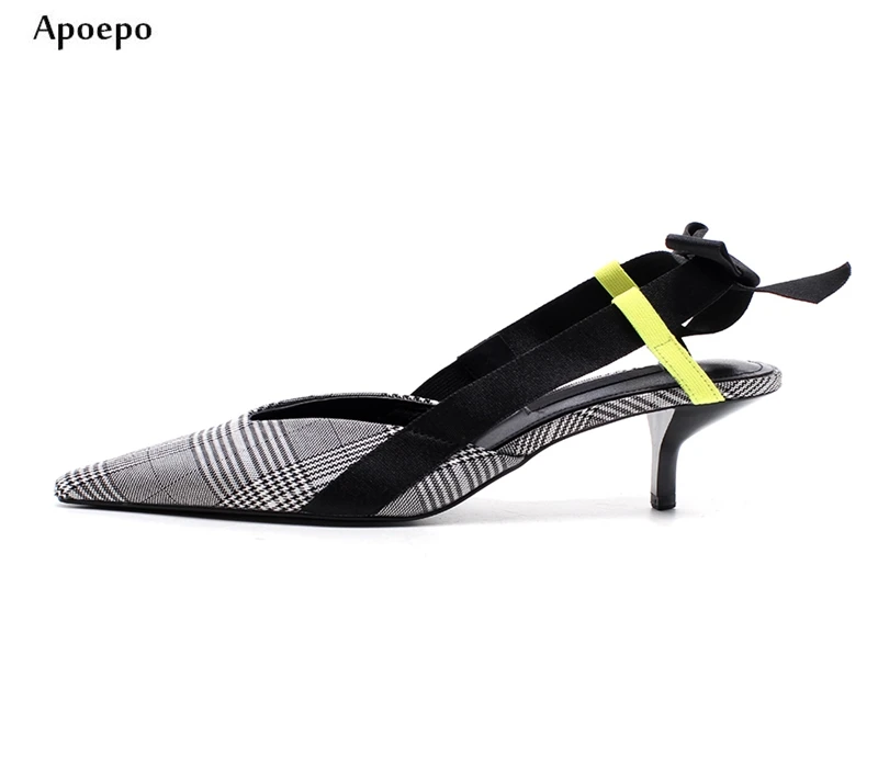 

New 2018 Newest Woman Thin Heels Shoes Sexy Pointed Toe Cutouts High heel Sandal Plaid Fashion Summer Shoes Bowtie Heels