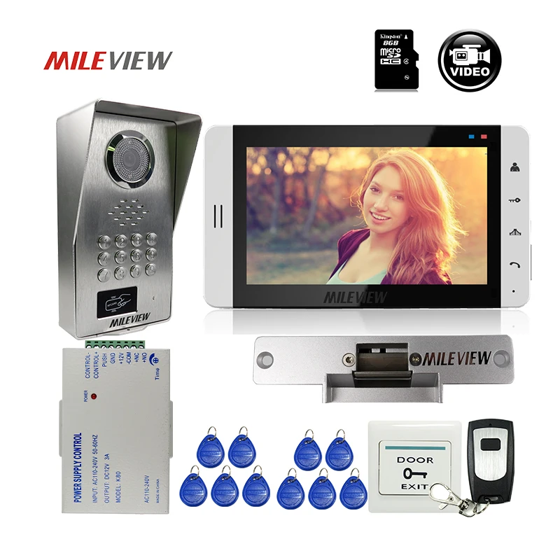 

FREE SHIPPING 7" LCD Screen Monitor Record Video Door Phone Intercom Kit RFID Code Keypad Unlock Door bell Camera Strike E-Lock