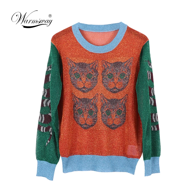 fashion 2018 new summer cat snake Intarsia thin sweater Gold and silver lurex hollow out knitting cute pullover women A-043 | Женская