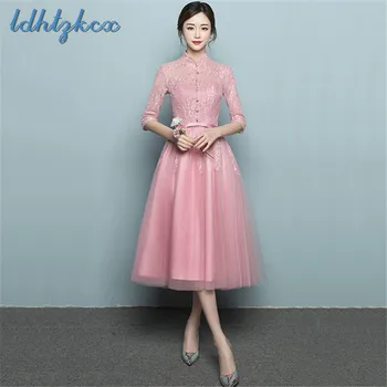 

Women Dress Pink Linen Dresses 2018 Autumn Winter Plus Size Party Dress Embroidery A Line Bow Lace Modal Banquet Vestidos CX496