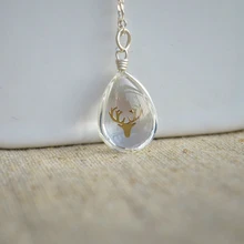 Deer Head Elk Animal Transparent Waterdrop Pendant Sterling Silver Color Chain Necklace Women Choker Boho Fashion Jewelry