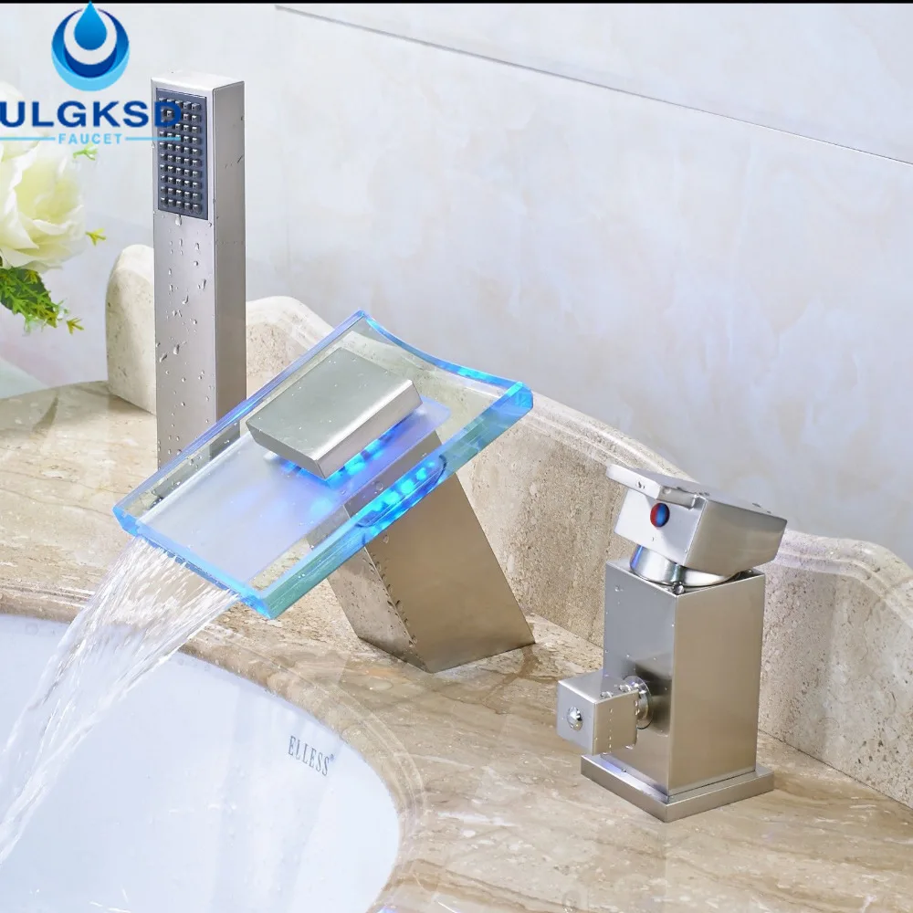 

ULGKSD Wholesale and Retail LED Basin Faucet Waterfall Bathroom Sink Faucet With Hand Shower Mixer Taps Deck Mounted