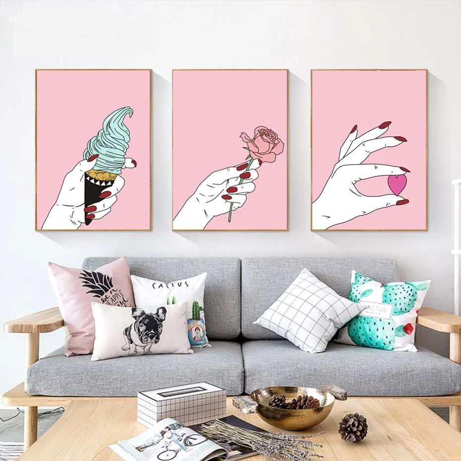 Lady-Hands-Rose-Ice-Cream-Canvas-Art-Prints-Painting-Pink-Poster-Modern-Cuadros-Modular-Wall-Picture (2)