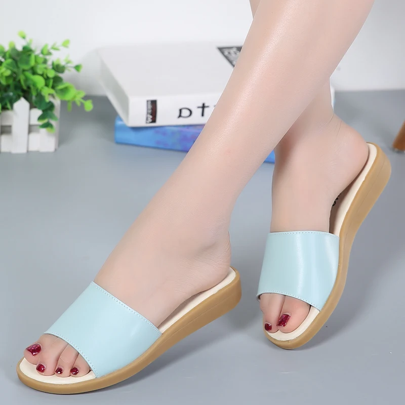 

plardin 2019 Summer women slippers slip on round toe flat slides sandals women white black leather slippers flip flops slippers