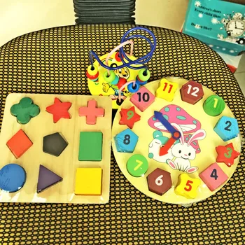 

3pcs/lot Montessori Rabbit Shape clocks Wooden Building Blocks Colorful Mini Around Beads Wire Early Child Education Kids Toys