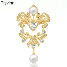 Tisvina роскошная винтажная Женская жемчужина в форме капли Броши с кисточками с большой циркон дворцовый барокко Стиль Праздничная брошь для леди