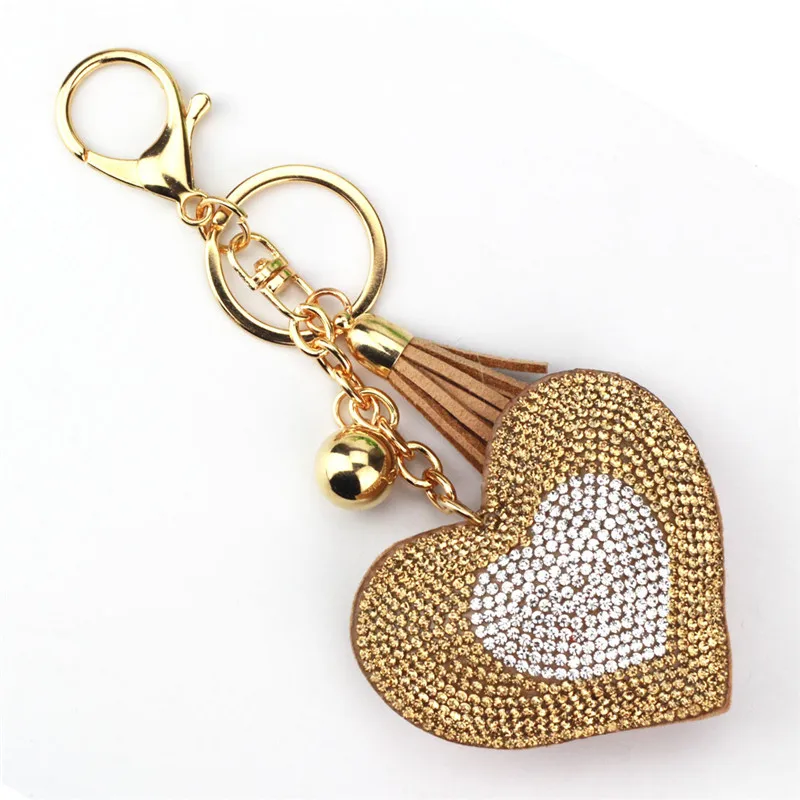 

10 Colors New PU Leather Keychain Girl's Romantic Rhinestone Heart Design Pendant Key Chains Rhinestone Bag Keychain Gift 6C2298