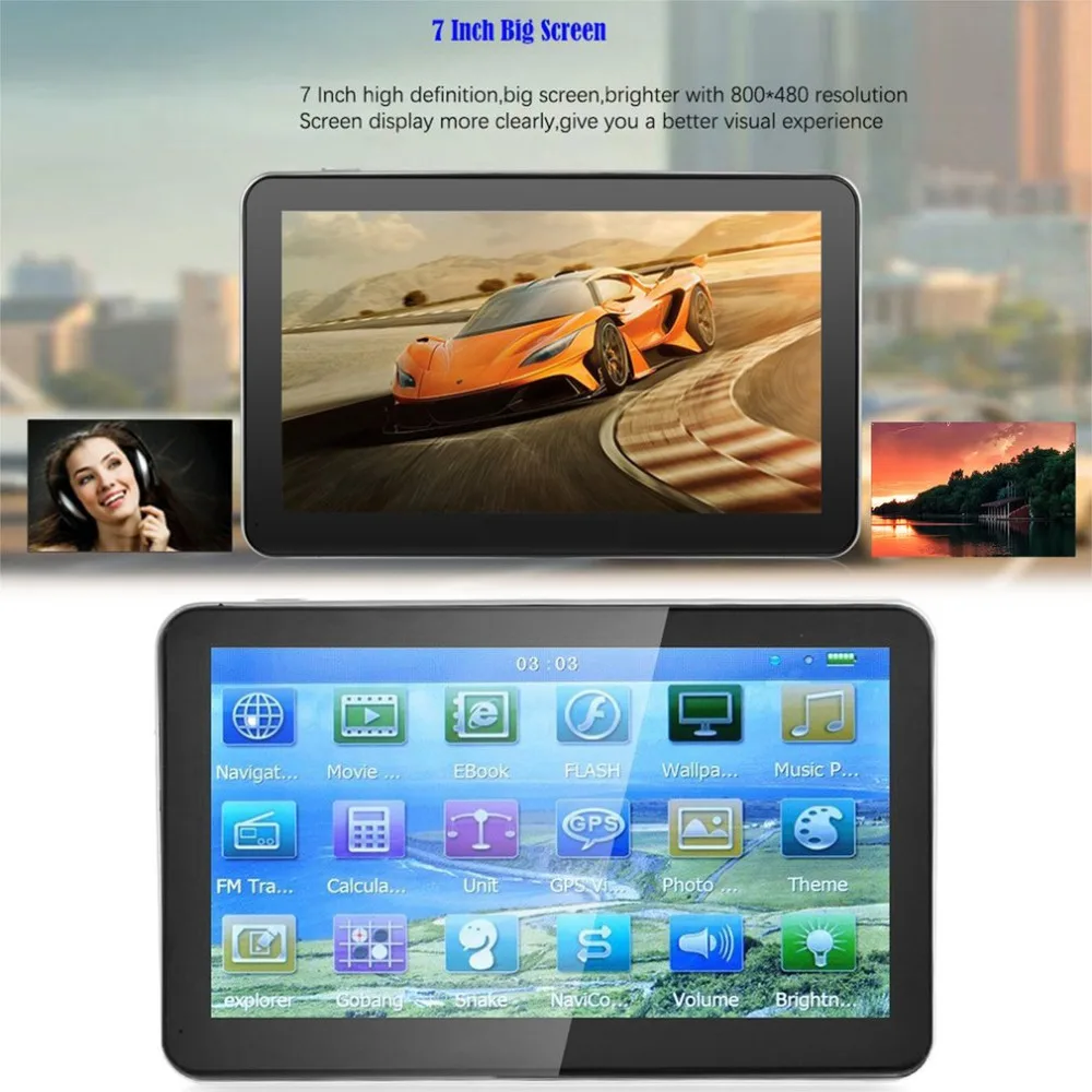 

7Inch Car New 8GB ROM+128M RAM Capacitive Touch Screen GPS Navigator 800*480 HD Portable GPS Navigation FM Audio/Video Player