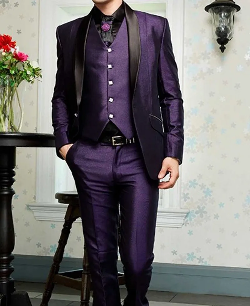Purple Satin Groom Tuxedos 3 Piece Slim Fit Black Lapel