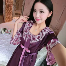 Новые осенние Для женщин высокое качество из искусственного шелка халат и юбка комплект Леди Принцесса Sexy цветочные Slash ремень пижамы Халаты комплект s1206