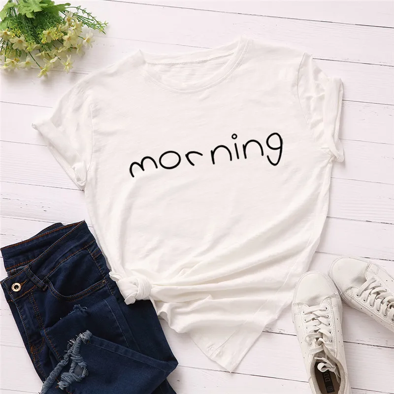 Новая модная женская футболка размера плюс S-5XL с принтом в виде утренних букв, хлопок, круглый вырез, короткий рукав, летняя футболка, топы, Повседневная футболка - Цвет: 496-zhujiebai