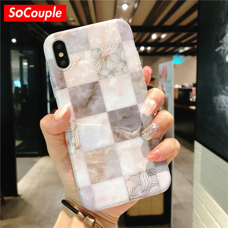 

SoCouple Soft TPU Mrable Pattern Case For iPhone 7 Case Grid Pattern Silicone Phone Case Cover For iPhone 6 6S Plus 8 Plus X