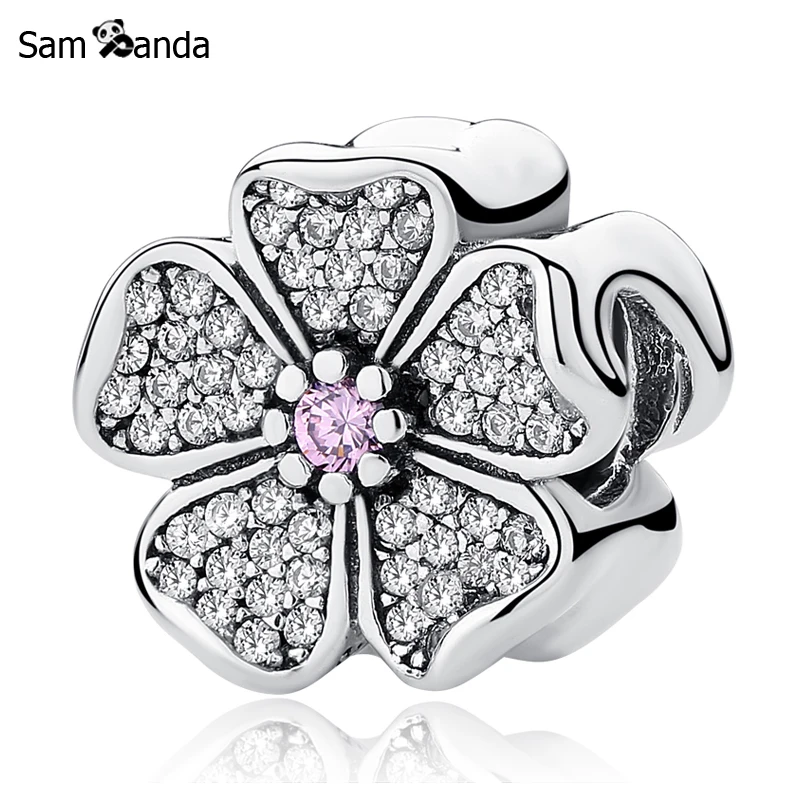 Authentic 925 Sterling Silver Bead Charm Sparkling Apple Blossom Charms Pink Crystal Fit Pandora
