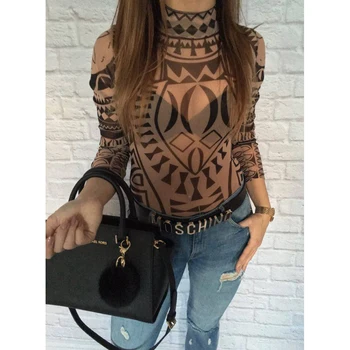2017 summer Sexy Elegant Women Tattoo Totem Printed Jumpsuits Romper Long Sleeve Slim Perspective Bodysuit Overalls Playsuit