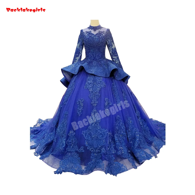 Us 553 09 2147 Fashion Women Bright Blue Wedding Dresses Long Sleeve Crystal Liqued Fluffy Layered Ball Gown In From Us 553 09 2147 Fashion Women Bright Blue Wedding Dresses Long Sleeve Crystal Liqued Fluffy Layered Ball Gown In From