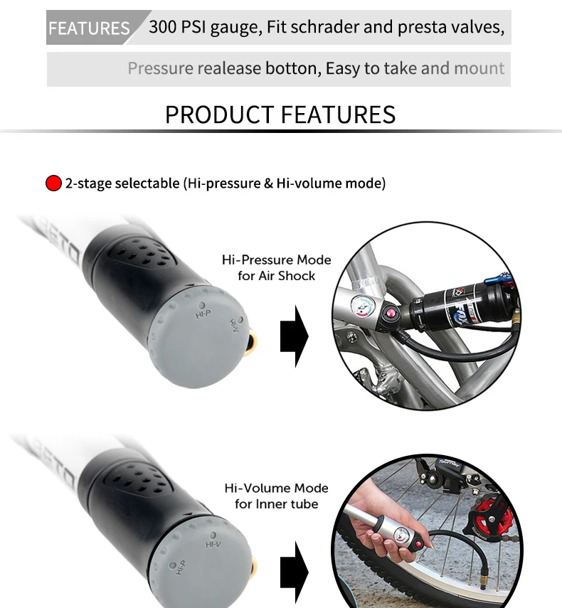 Велосипедные насосы BETO для шин/труб и вилок/ударов/вилок, переходник для вентилей Schrader& Presta, мини-насос для велосипеда с манометром