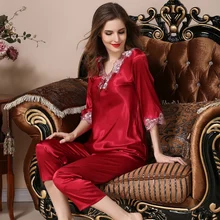 Топ класс весна лето шелковые пижамы Осень Дамы средний рукав домашний костюм шелк Двухсекционный v-образный вырез кружева Ночная Рубашка домашняя одежда