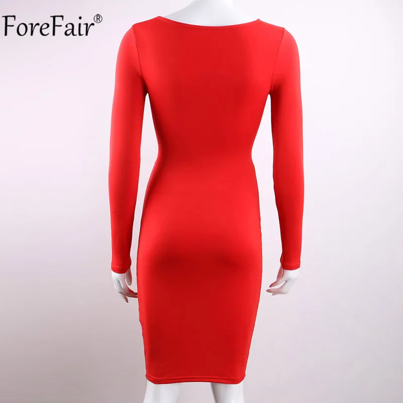 ForeFair с длинным рукавом Bodycon Midi Бандажное платье для женщин хлопок эластичные элегантные сексуальные платья белый черный красный Женское зимнее платье