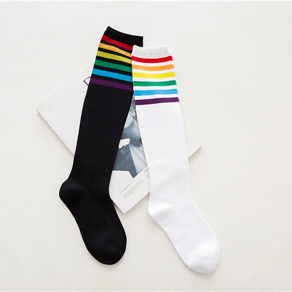 

Fashion 1Pair thigh high socks over the knee rainbow stripes black white cotton high tube women's socks rainbow pile socks 05*