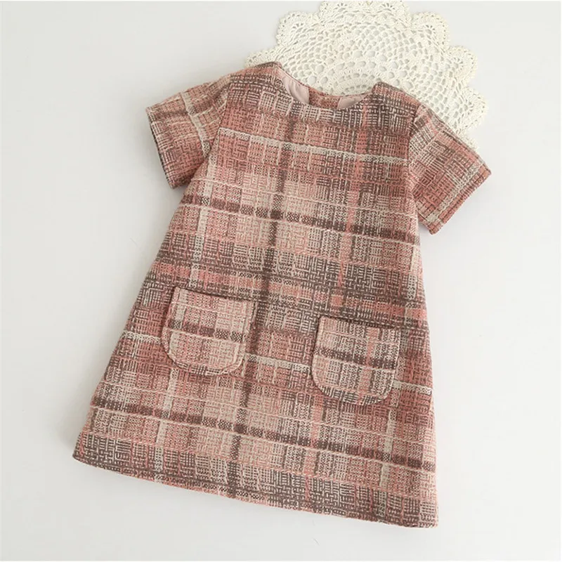 Осеннее платье для девочек в винтажном английском стиле; детское платье в клетку; одежда для маленьких девочек с круглым вырезом и карманами в клетку; Дизайнерская одежда для детей
