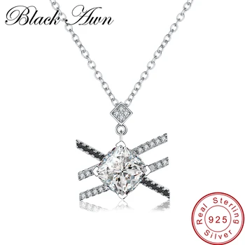 

[BLACK AWN] Genuine 100% 925 Sterling Silver Jewelry Trendy Black Spinel Pendants Necklace for Women P162