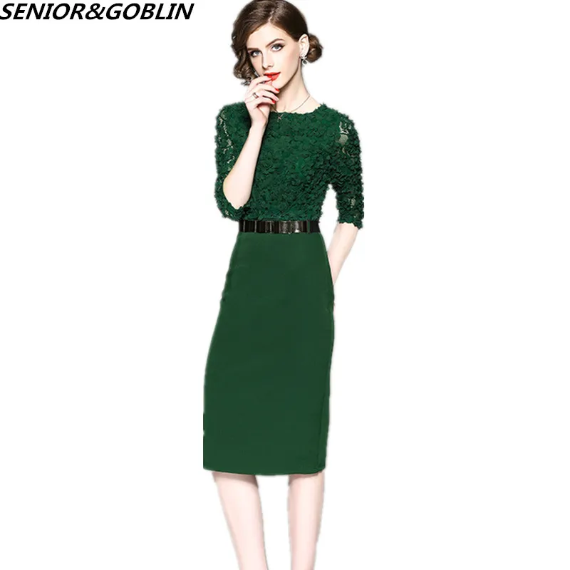 

2019 Summer Professional Women Elegant Casual Work Business Office Classic Round Neck Green Black Bodycon Dress Sexy Midi Dress