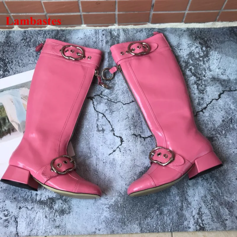 

Patent Leather Knee High Boots Women Pink Belt Buckle Metal Decoration Med Heel Rain Boots Zipper Knight Hiver Bottines Femme