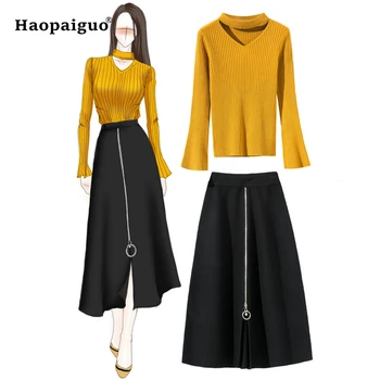 

Solid Two Piece Set Women Suits Autumn Winter 2018 Suit Set Yellow Halt Sweate Top and Pleated Skirt 2 Piece Set Casual Suit Set
