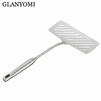 GLANYOMI 304 Stainless Steel Wide Fried Fish Spatulas Steak Shovel Fish Turner Slotted Beveled Kitchen Cooking Utensils