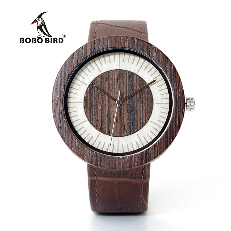 BOBO BIRD Round Wooden Case Mens Watches Simple Wood Dial Leather Wristwatch in Gift Wooden Box