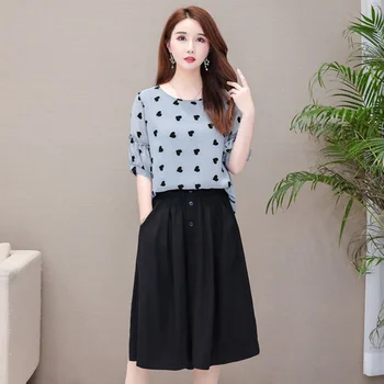 

Casual 2019 Loose Plus Size Summer Set Women Pocket Single Breasted 2 Pcs Set Chffion A-line Vintage Korean Women's Sets