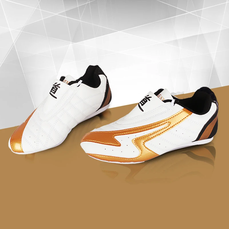 

2018 PU leather breathable Taekwondo Shoes Martial Arts Sneaker White with lighting child sports shoes male Female Train shoes