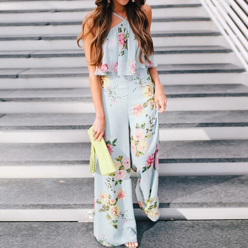Women Fashion Boho Style Ruffled 2018 Jumpsuit Strappy Wide Leg Floral