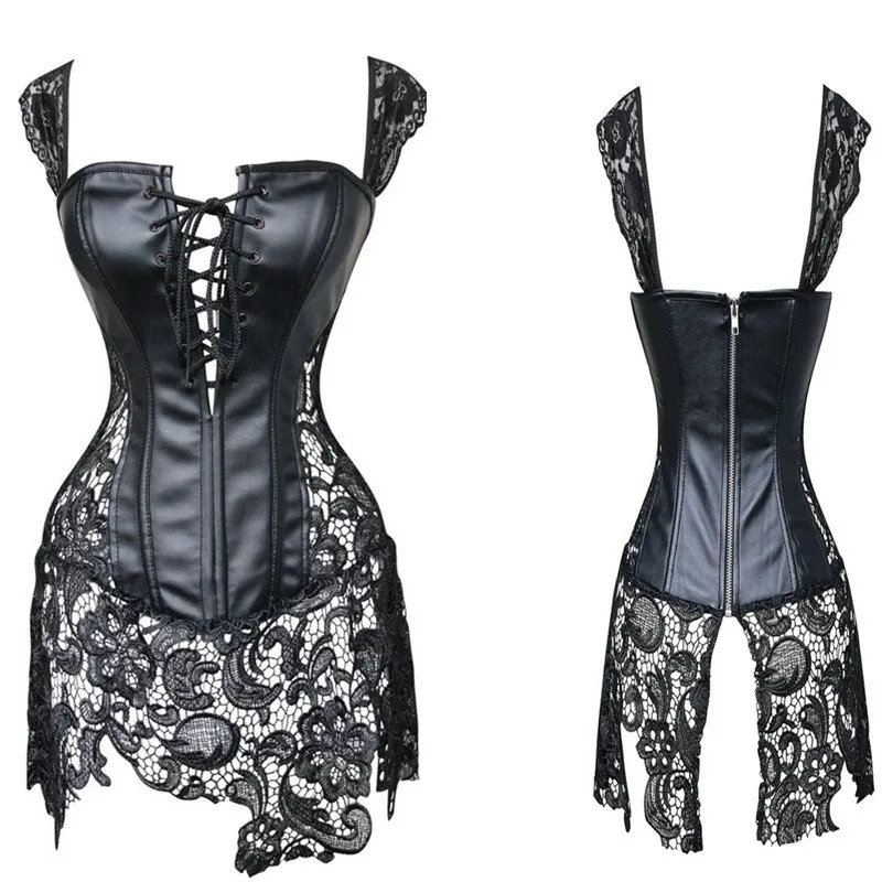 Whoesale-Plus-Size-S-6XL-Black-Sexy-Strap-Hollow-Out-Lace-Leather-Corset-Bustier-Sexy-Lingerie