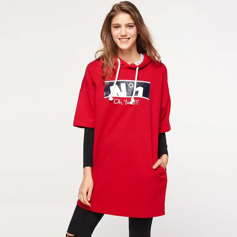 

2019 New Spring Summer Women Knitted Sweatshirt Harajuku Casual Pullovers Hooded Collar Letter Printed Long Half Sleeve Hoodies