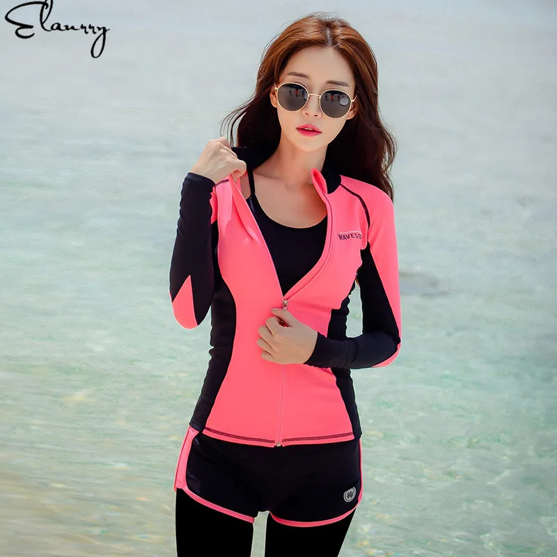 النساء بدلة ركوب الأمواج طويلة الأكمام مثير الشاطئ ارتداء 2019 موهير 5 قطع الصيف Rashguards مايوه دي باين فام فتاة ملابس السباحة