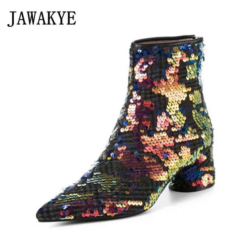 

Gradient Colorful Sequined Ankle Boots Women Pointed Toe Chunky Heels Short Boots 2019 Autumn Shiny T Show Dress Ladies Boots