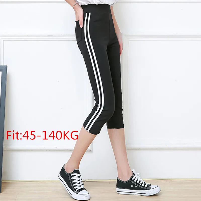 

Summer Plus Size Striped Tape Side Women Leggings Super Big Sizes Legging Black High Elastic Waist Soft Mid-calf Pants 6XL