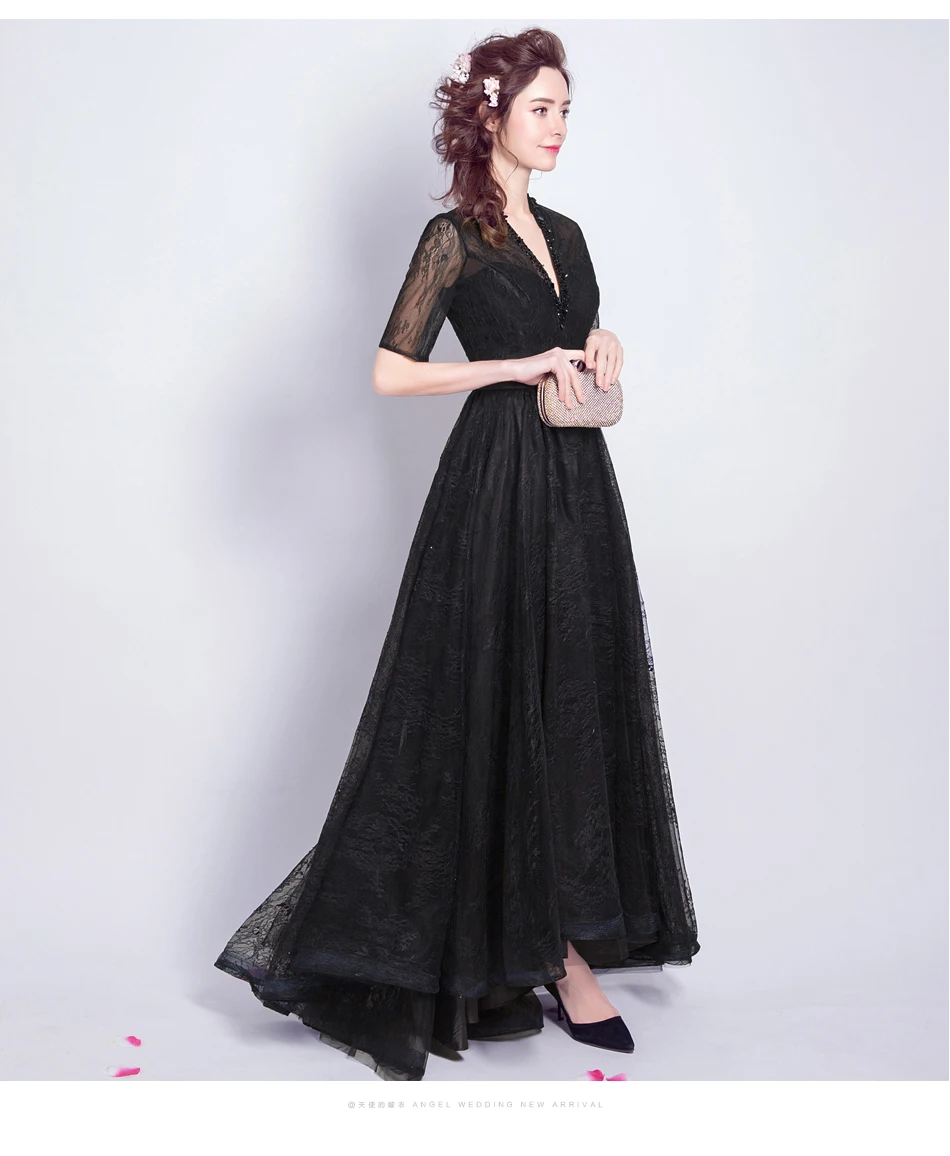 Новое поступление высокой моды Стиль глубокий v-образным вырезом Дизайн черный платье для мамы/Половина рукава элегантное вечернее платье