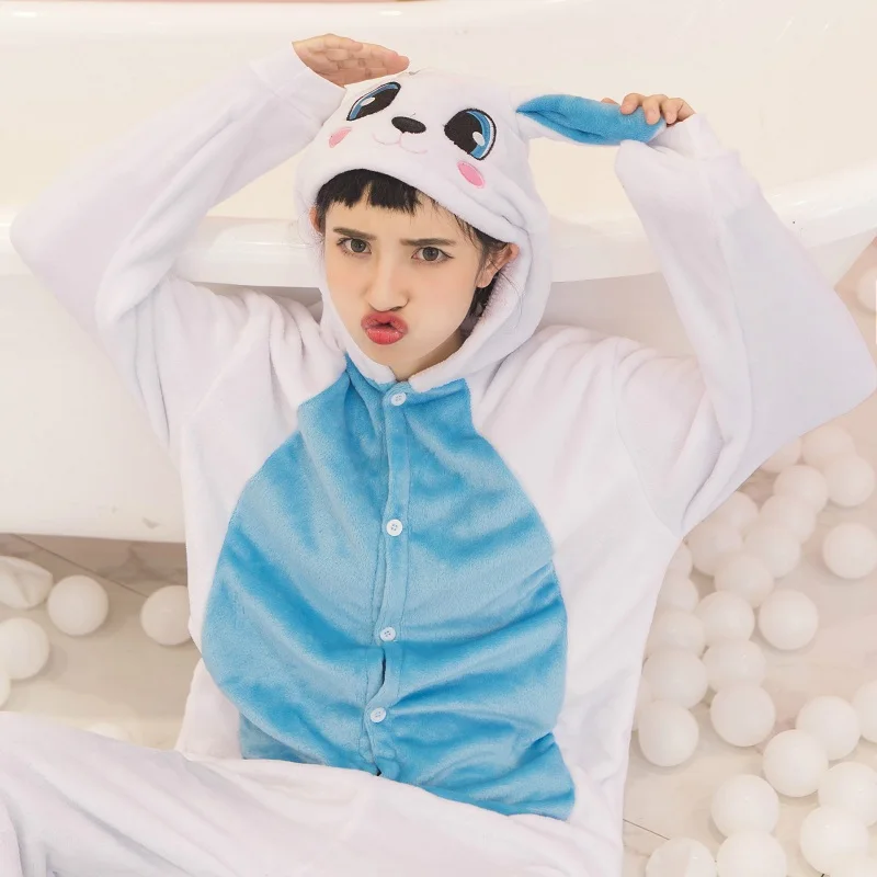 

Animal Cute Blue Rabbit Onesie Women Winter Flannel Kigurumi Pijama Long Sleeve Sleepwear Adult Hooded Cartoon Pyjama Femme