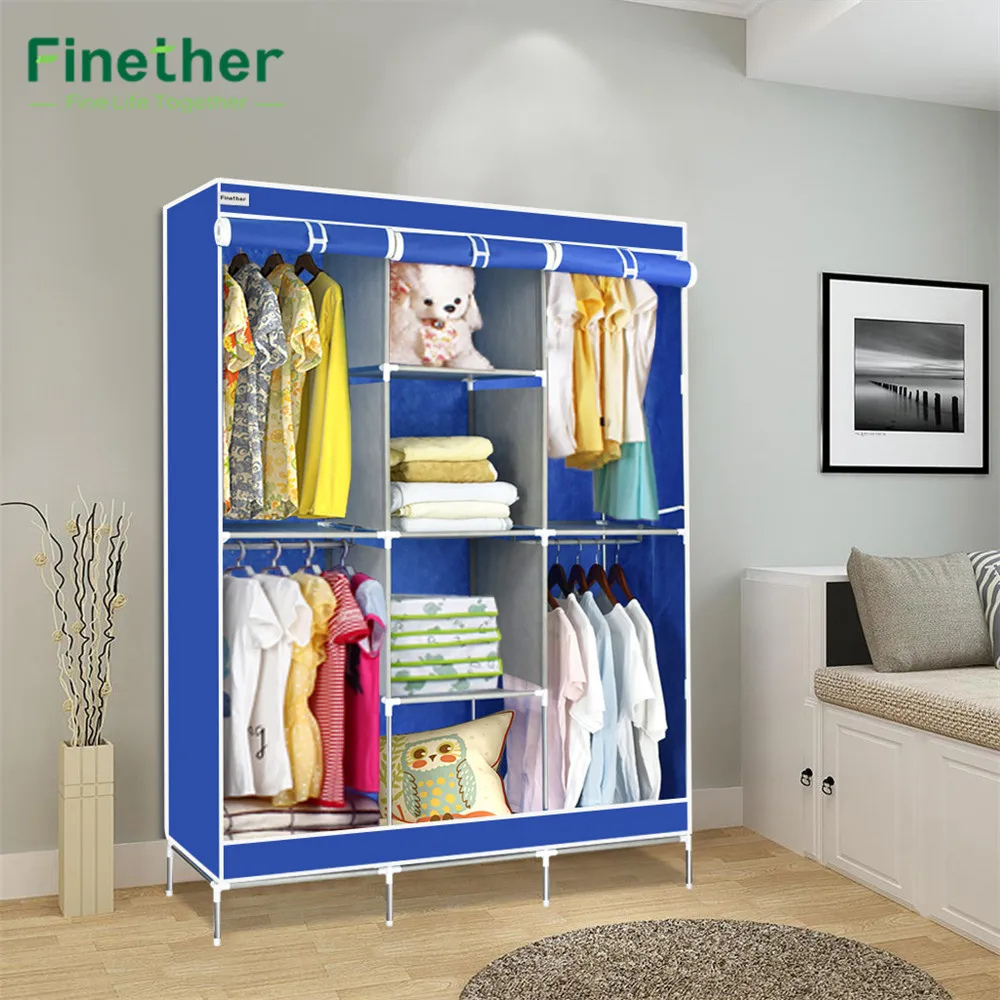 Double Modular Metal Framed Fabric Wardrobe Clothes Closet Portable Wardrobe Clothes