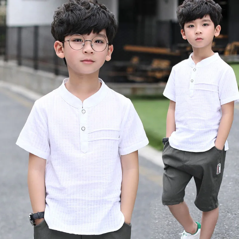 2 pcs summer set solid cotton linen kids t shirts for boys shorts sets