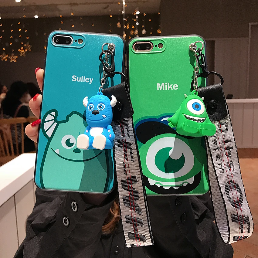 

For iPhone 11 Pro Xs Max Xs XR 6 7 8Plus Case Sulley Mike Soft TPU Cover Phone Strap Rope Case
