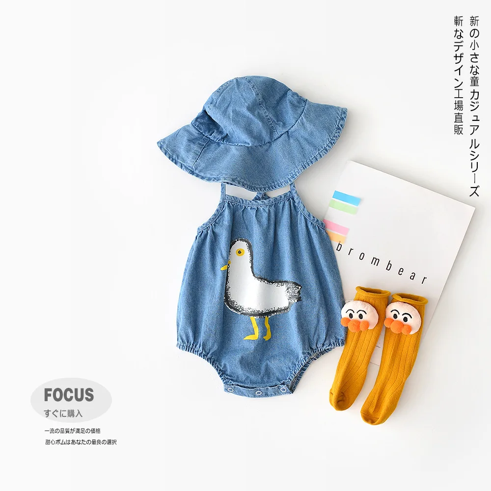 

Summer new born baby clothes romper cartoon animal pattern printed overall denim jumpsuit with cap