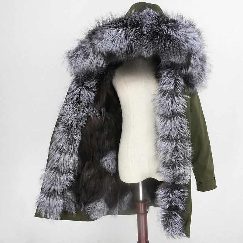 Пальто с натуральным мехом, водонепроницаемая верхняя одежда, зимняя куртка, Женская длинная парка, Лисий мех, Толстая теплая Съемная уличная одежда, роскошная - Цвет: green silver