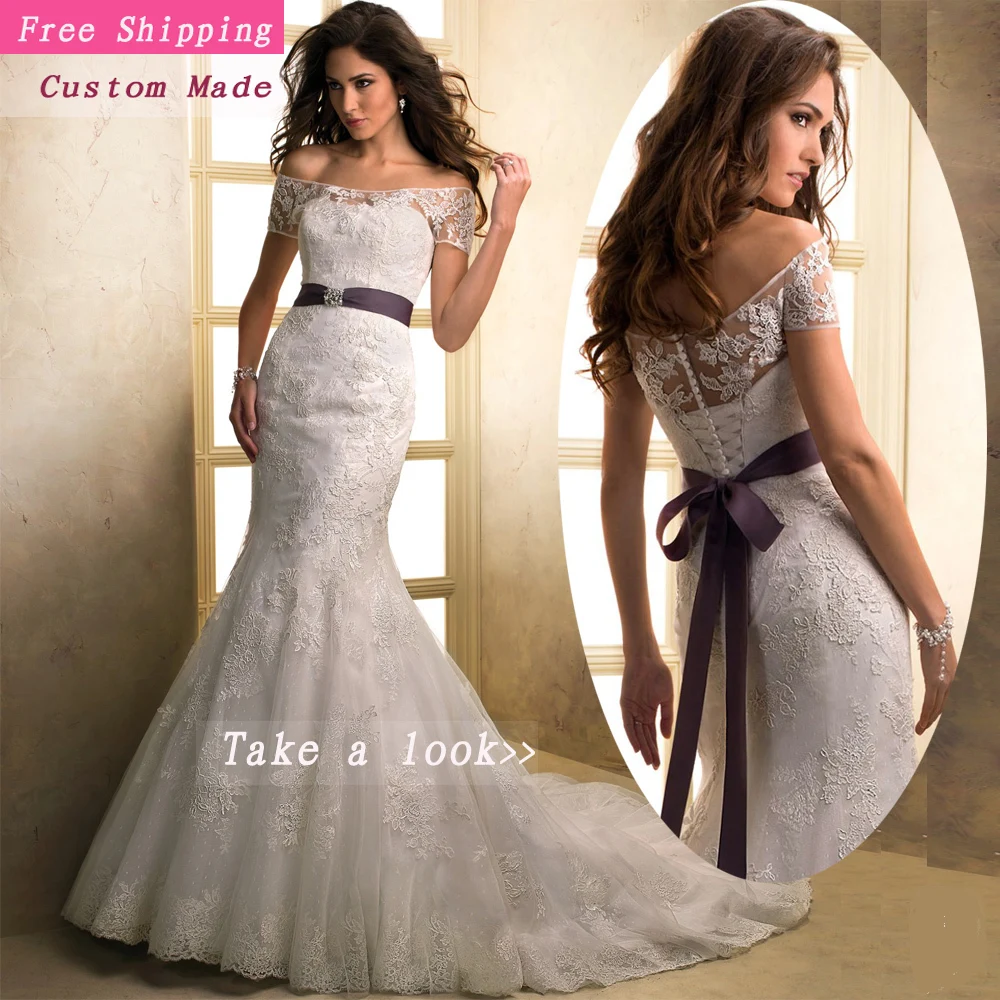 

Free Shipping Ivory/White Sweetheart Bow Sash Lace Up Strapless Sleeveless Custom Wedding Dress Mermaid Bride Wedding Gowns MH14